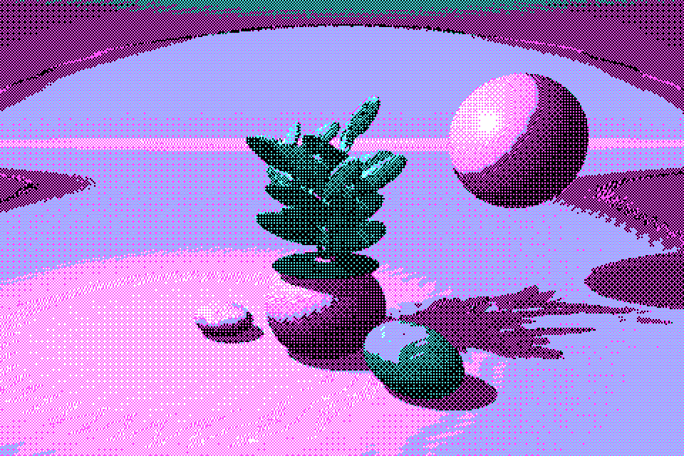 Botanical still life in vibrant magenta and cyan CGA colors
