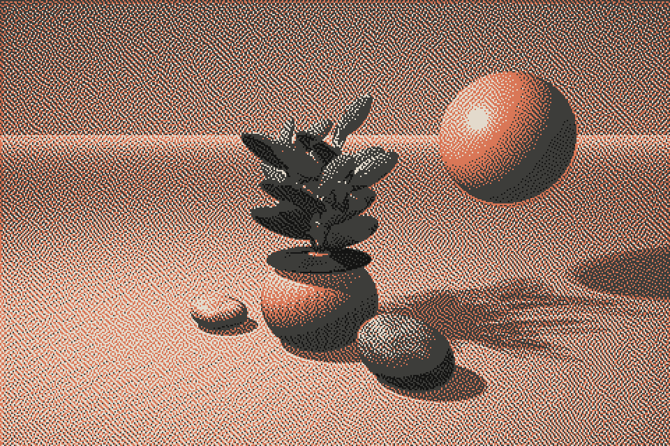 Moon Garden rendered with Atkinson dithering in six clay and paper colors