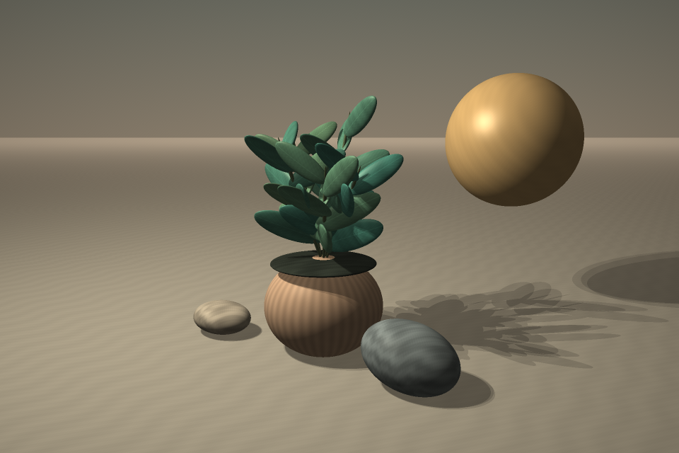 Original ray-traced still life of a waxy-leaf plant, ceramic pot, textured stones, and a golden sphere