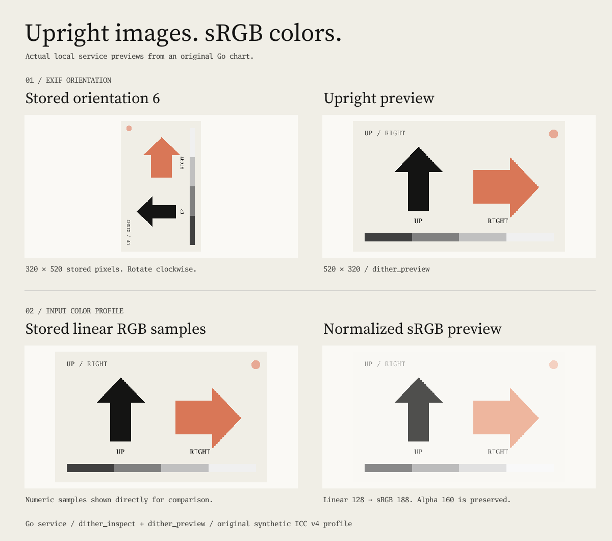 Stored EXIF orientation 6 and linear RGB samples beside actual upright and sRGB service previews