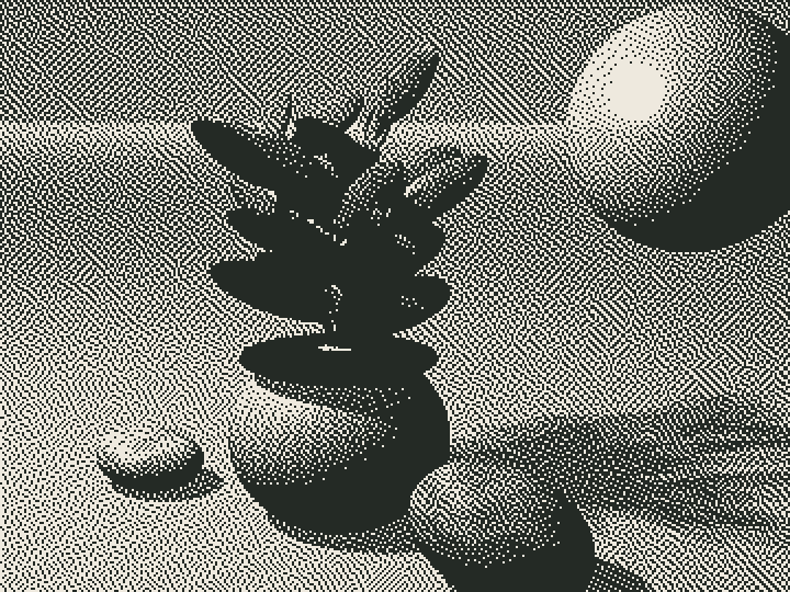 Moon Garden detail in warm monochrome, using Atkinson dithering